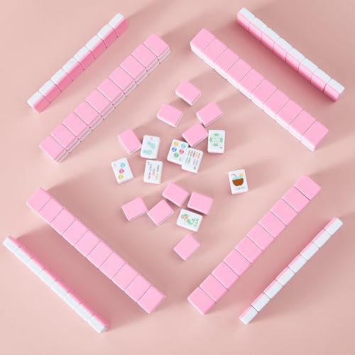 160 Engraved American Mahjong Tile Set Summer Design 1.2" Pink Melamine with Portable Storage Bag and Accessories, 1.2" Mahjong Game Set Cute Design