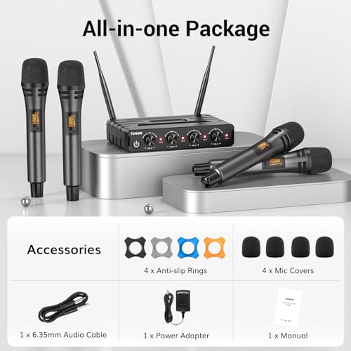 TONOR Wireless Microphones System with 4x10 Channels Cordless Handheld Microfono Inalambrico, 60 m/200FT UHF Range, Mics with Stable Signal Transmission for Karaoke Singing Party Church Wedding - style: 4 Handheld Mics Grey