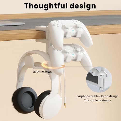 Rotating Headphone Stand with 360° Swivel - Adjustable Clamp-on Under Desk Headset Holder, Universal Gaming & Office Headphone Hanger (White) - color: White