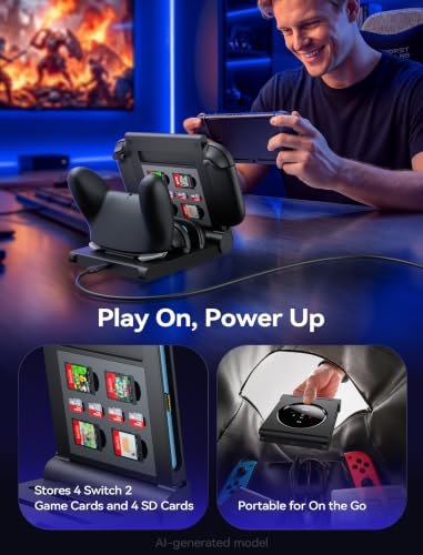 JSAUX 5-in-1 Charging Dock for Switch 2 Pro Controller & Switch 1/2 JoyPads | 5 Charging Ports, 2.5H Fast Charge, 3-Color LED Status, 8 Game Card Slots, PC+ABS, Foldable