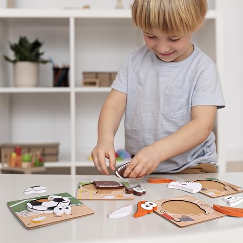 Wooden Sports Puzzles for Toddlers 2-4 | Wood Puzzles for Kids, Toddler Sports Toys for Toddlers, Basketball Toy, Football Toys, Baseball Toy, Soccer Toddler 2 3 Year Old Boy
