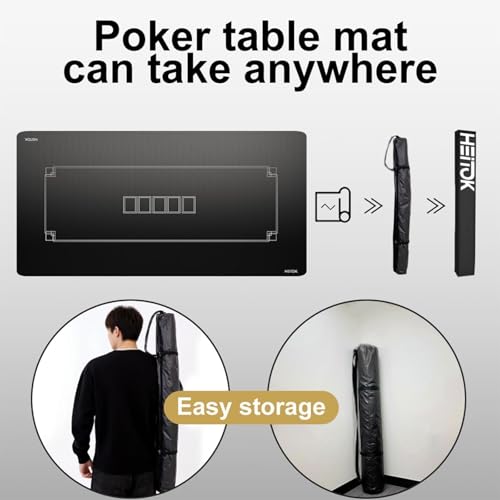 HEITOK Texas Hold'em Poker Mat 94" x 47", Water-Repellent, Noise-Reducing, Non-Slip Texas Hold'em Poker Table Top with Portable Carrying Bag for Poker Games | 8-10 players, non-slip rubber base, water-repellent surface, stitched edge, casino-style layout,