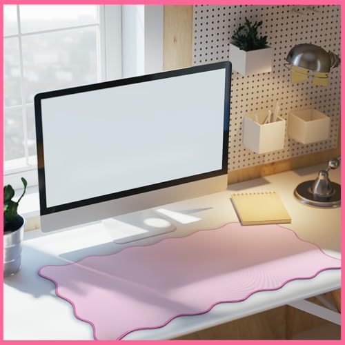 Hahafelt Scalloped Desk Mat Large Desk Pad Cute Coquette Table Mat Back to School Preppy Table Make up Pad Nonslip Graduation Gift with Stitching Waterproof Gaming(Pink,31.5 x 15.8 Inches) - color: Pink, size: 31.5 x 15.8 Inches