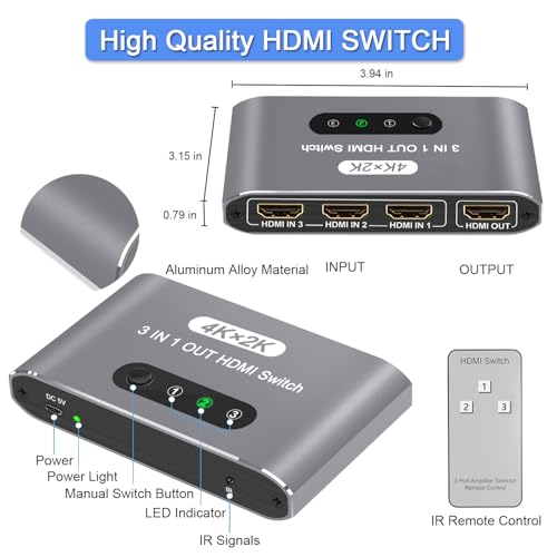 HDMI Switch 3 in 1 Out, 4K@60Hz HDMI Splitter with Remote Control, 3 Ports HDMI Switcher, Perfect for Full HD 4K 1080P 3D Video Roku Fire TV Blu-ray Players Stick Apple PS4/PS5 Xbox Chromecast (Grey) - color: Grey