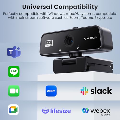 4K Webcam for PC & Mac with USB-C Adapter, 90° Wide-Angle Computer Camera with Microphone, Auto Light Correction, 360° Rotating Plug-and-Play Webcam for Zoom and Teams