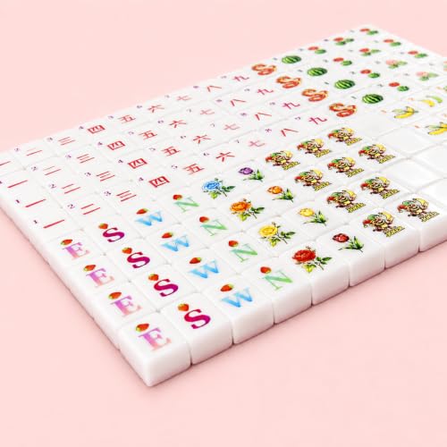 Pink American Mahjong Set, 160 Pink-Back Mah Jongg Tiles, Compact 1.2 x 0.8 x 0.5 in Mahjong Tile Set with Fruit & Floral Designs, Dice, Scoring Chips, Dealer Marker, Rule Cards & Floral Storage Bag