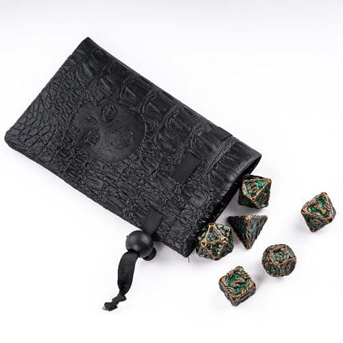7-Die Metal DND Dice Set Role Playing Dice for RPG Table Games | Vine Design PU Leather Pouch for Dungeons and Dragons - color: Vine-bronze Green