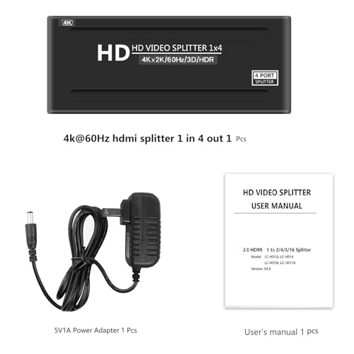 4K@60Hz 1x4 HDMI Splitter 4:4:4,18 Gbps,4 Port Powered HDMI 2.0 Splitter1 in 4 Out Support Auto Down Scaler, 4K 1080P Sync, HDR10,3D, Only Duplication/Mirror Screens (Not Extend) for HDTV/PS5 - size: 4K@60Hz 1x4 splitter