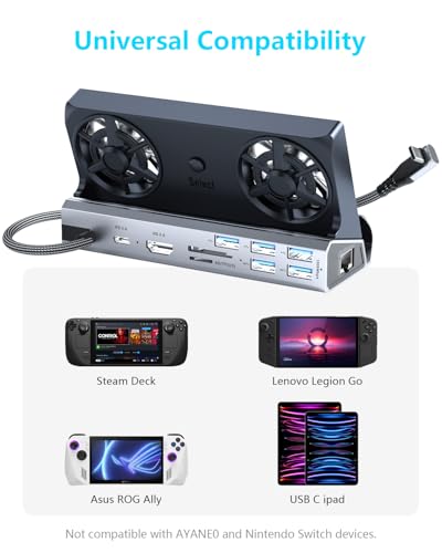 13-in-1 Steam Deck Dock with Dual 5cm RGB Cooling Fans for Steam Deck OLED/ROG Ally/Switch 2/Legion Go – 4K@60Hz HDMI, Gigabit Ethernet, 100W PD, Aluminum - color: 13-in-1 Dual Cooling Fan
