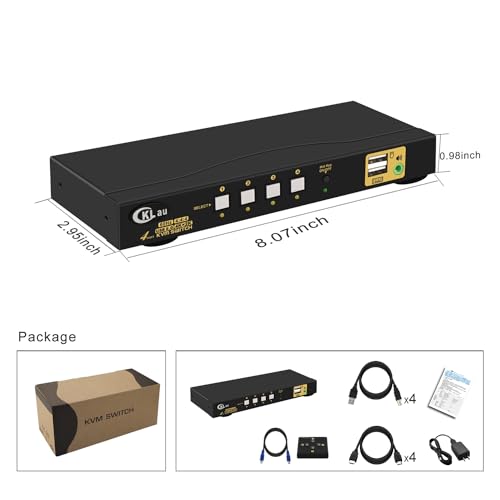 KVM Switch HDMI 4 Port wit Audio and 4 kit Cables, 4 Port HDMI KVM Switch Support 4K@60Hz 4:4:4, EDID, Hotkey Switching