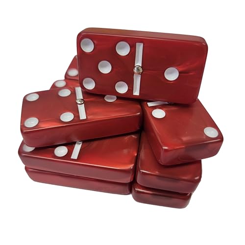 Marion Domino Double Six Red Marbleized Jumbo Tournament Professional Size with Spinners in Dovetail Sheesham Wood Box - color: Red Marbleized