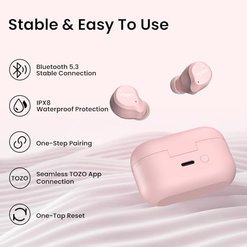 TOZO NC9 Hybrid Active Noise Cancelling Wireless Earbuds, 60H, LED Display | 6 Mic ENC Clear Calls, Deep Bass Sound, IPX8 Waterproof, in Ear Bluetooth 5.3 Headphones,32 EQs via APP, Comfort Fit Ear Buds - color: Dusty Pink