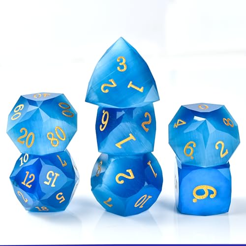 Prism Gemstone DND Dice Set, 7-Piece MultiFaceted Diamond-Cut Glass Dice for Dungeons and Dragons, Crystal Glass Gem Dice Set with Gift Metal Box for Dungeons and Dragons MTG Role Playing Games - color: Pm-light Blue Cat Eye
