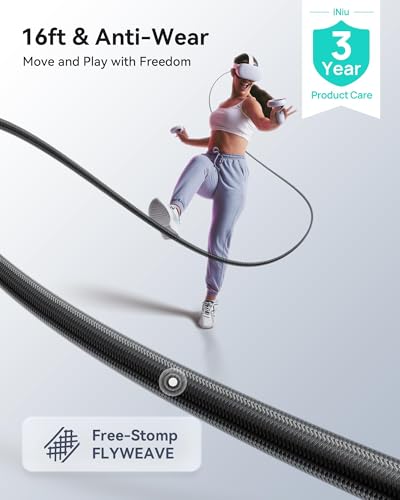INIU VR Link Cable with Separate Charging Port, 16FT High Speed Data Transfer & Charging Cable, USB to USB C Charger Cord for Virtual Reality Headset, Meta Oculus Quest 3s 3 2 Pro, Pico 4 Steam PC VR
