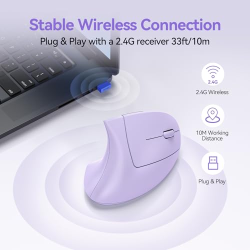 TECKNET Wireless Ergonomic Mouse, Rechargeable Wireless Vertical Mouse | Rechargeable Mouse Purple, 2.4GHz USB Receiver, Silent Click, 6 Adjustable DPI up to 4800, 6 Buttons for Laptop, PC & MacBook - color: Purple