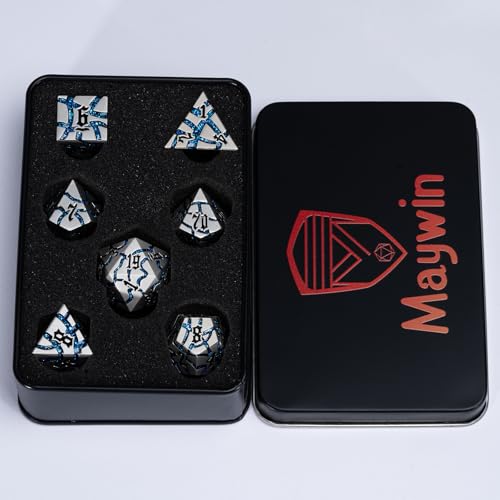 Cracked Rune Metal Dice Set for DND & RPG – Dark Fantasy Fractured Design, Premium Heavy Metal Polyhedral Dice with Deep Engraved Numbers, 7-Piece Set – Blue Arcane Vein - color: Pearl Silver Blue