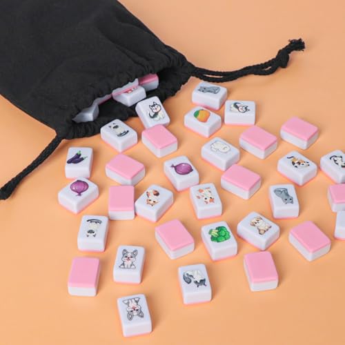 GRACIAS 4 Players Mahjong Block Set, 128 Pink Tiles(1.18”) with Animal and Food Pattern, Portable Mahjong Set with A Carry Bag, Mahjong Tile Game - color: Pink