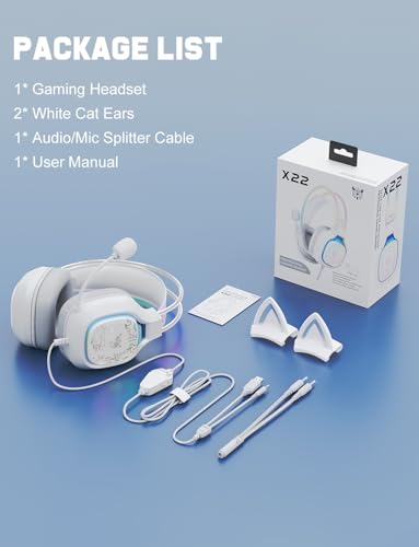 Gaming Headset with Microphone, RGB Lights, Detachable Cat Ear, Lightweight Over-Ear Headphones with Adjustable Headband for PC, PS4, PS5, Mac, Switch, Surround Sound, in-Line Control, White - color: White