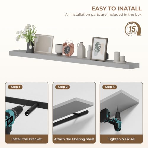 60 inch Long Floating Shelves for Wall,Solid Wood Long Shelves Set of 1,Grey Rustic Wall Mounted Shelves Large Bookshelf (Grey, 60 Inch) - color: Grey, size: 60 Inch set of 1