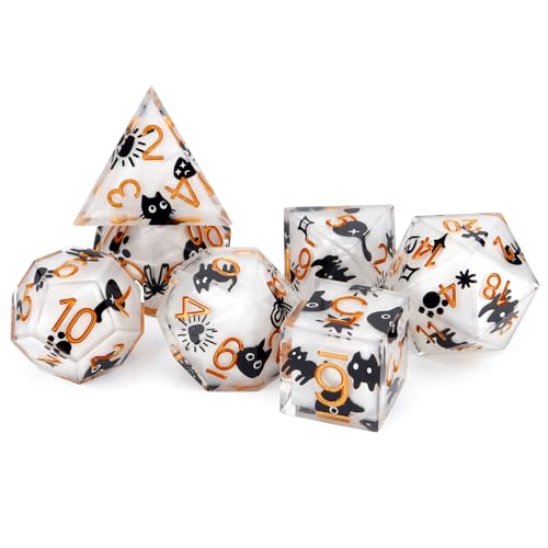 Haxtec Cat DND Dice Set White Sharp Edge Resin Dice Set with Dice Case, Handmade D and D Dice Polyhedral D&D Dice Set for TTRPGs Compatible with Dungeons and Dragons DND Gifts - color: White