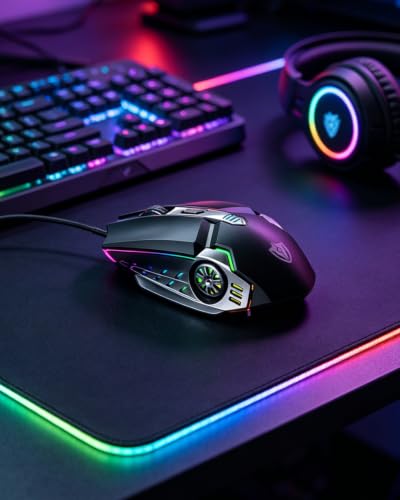 Wired Gaming Mouse, 4-Color Breathing Light, 800-3200 DPI Optical Ergonomic Mouse with Programmable 6 Buttons for PC Laptop (Black) - color: Black