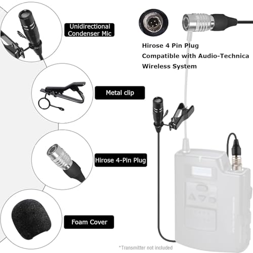Lavalier Lapel Microphone Compatible with Audio-Technica Bodypack | Unidirectional Condenser Super Cardioid Clip-On Mic for Wireless Transmitter System with Hirose 4 Pin Plug - style: Hirose 4 Pin Plug Compatible with Audio-Technica