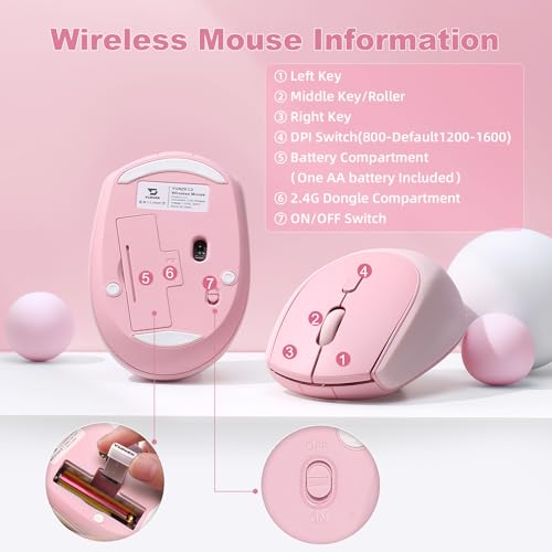 YUNZII C2 Wireless Mouse,2.4GHz Cute Silicone Noiseless Wireless Computer Mouse, Quiet Clicks, 3 Adjustable DPI, 1600 DPI Optical Tracking, Portable Ergonomic Mice for Laptop/PC/Mac (Pink) - color: Pink
