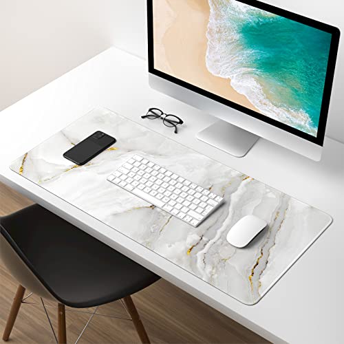 Extended Gaming Mouse Pad, XXL Large Desk Pad 30 x 14 Inch, Big Computer Keyboard Mousepad, Waterproof Mouse Mat with Stitched Edges and Non-Slip Base for Women Office Gaming, White Marble - color: White Marble