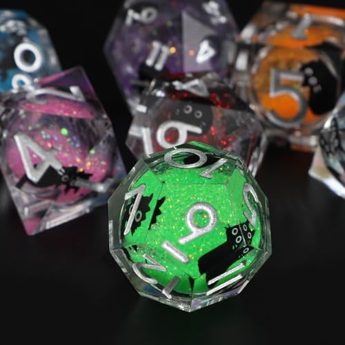 Liquid Core DND Dice Set, 7 Pcs Resin Sharp Edge Polyhedral Dice Quicksand Cat D&D Dice for Dungeons and Dragons RPG Role Playing Table Games
