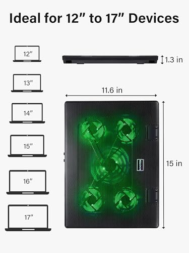 Kootek Laptop Cooling Pad Cooler Stand with 5 Quiet Fans for 12"-17" Laptop | 5 Fans, USB Powered, Laptop Cooling Stand with 2 USB Hub, 6 Adjustable Height, 360° Cooling Coverage, Anti-Slip, Green LED - color: Green