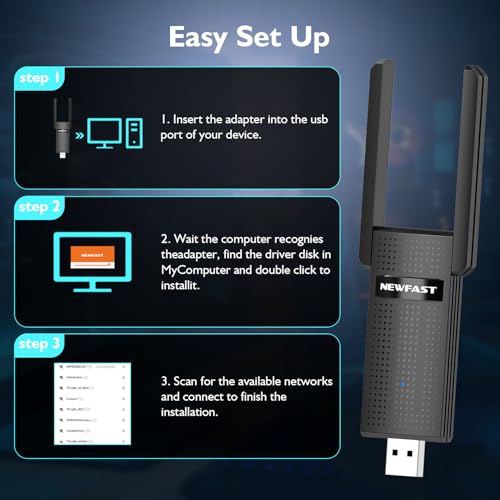 NEWFAST AC1300 USB WiFi Adapter for Desktop PC U327, 2.4G/5G Dual Band Wireless Network Transceiver Adapter with Dual Antennas, Wireless WiFi Adapter Dongle Compatible Windows 8/8.1/10/11