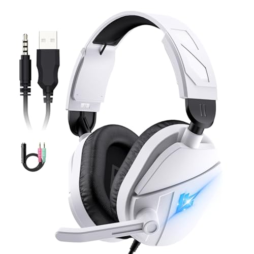 Gaming Headsets with Noise Cancelling Microphone, Stereo Sound, LED Light, Soft Memory Earmuffs for Ultimate Comfort, Wired Over-Ear Headset for PC, Laptop