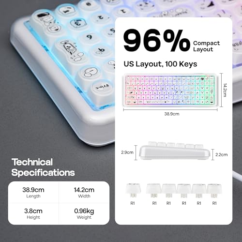 MechLands X Maorbeng X100 PRO Membrane Gaming Keyboard with Number Pad, RGB Backlits, Wireless Computer Keyboard with 5000mAh Battery, BT/2.4G/USB-C Wired, 96% Layout for Windows/Mac/PC (White) - color: White