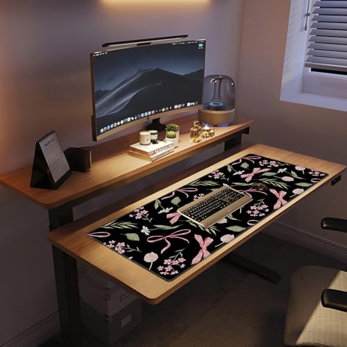 Baziabbo Black Desk Mat,XXL Extended Large Mouse Pad,Cute Gaming Mousepad with Stitched Edge,Non-Slip Rubber Base Keyboard Desk Pad for Home Office Study Game - color: Bow Black