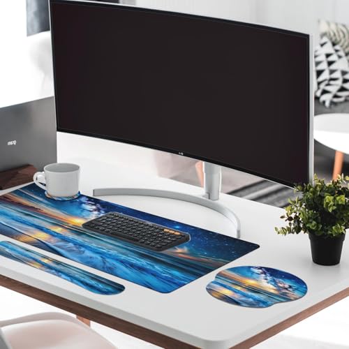 Britimes Blue Sea and Starry Sky Keyboard Mouse Pad Set 4in1 Large Mousepad+Keyboard Wrist Rest+Mouse Wrist Rest+Coaster Set with Ergonomic Design for Home Office Computer 35.4x15.7 inches - color: Blue Sea and Starry Sky