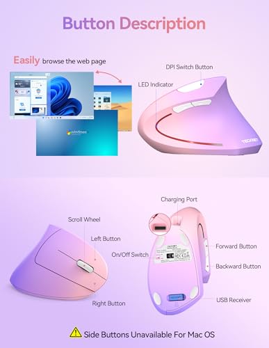 TECKNET Wireless Ergonomic Mouse, Rechargeable Wireless Vertical Mouse | Rechargeable, 2.4GHz USB Receiver, Silent Click, 6 Adjustable DPI up to 4800, 6 Buttons for Laptop, PC, Pink and Purple - color: Pink and Purple