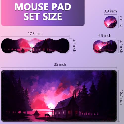 AIMSA Large Mouse Pad and Keyboard Wrist Rest Set, Ergonomic Wrist pad for Keyboard and Mouse Mat 4 in 1 Mousepad with Wrist Support Computer Mat, Village Evening Glow - color: Village Evening Glow