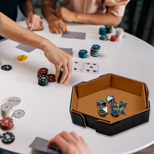 SIQUK Magnetic Folding Dice Tray Hexagon Dice Rolling Tray PU Leather Dice Trays Foldable Dice Holder Dice Rolling Mat Storage Box for D&D RPG Dice Games, Camel - color: Camel