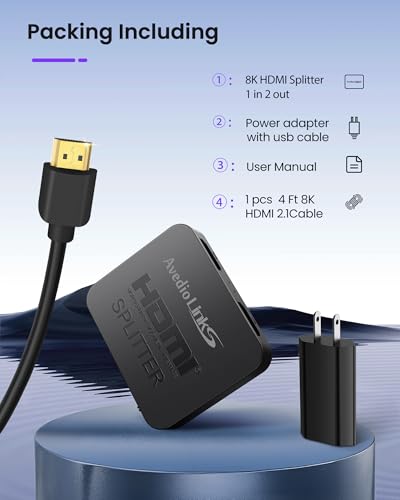 avedio links 8K HDMI Splitter 1 in 2 Out w/ 4ft 8K Hdmi Cable, Mirror Only | Not Extended Display, 4K@120Hz HDMI 2.1 Splitter for Monitor, TV, Support HDCP2.3, 48Gbps, VRR, ALLM, Dol-by Vision & Atmos