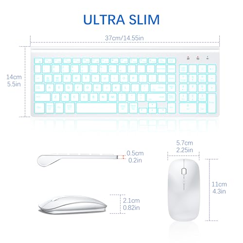 Wireless Backlit Keyboard and Mouse Ultra Slim Combo, TopMate 2.4G Silent Compact 2400DPI Mouse and Scissor Switch Keyboard Set, Batteries Included, for PC/Laptop/Windows/Mac/Gaming - BL Matte White - color: BL Matte White
