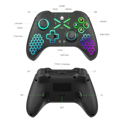 Dinosoo RGB Wireless for Xbox Controller Series X|S, Xbox One & PC Windows 10/11, Built-in Battery Dual Vibration Turbo Macro Function, 2.4GHz Adapter