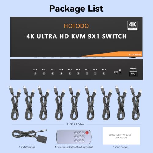 HDMI KVM Switch 9 Port, 4K@60Hz KVM Switch 9 Computers Share 1 Monitor and Keyboard Mouse, with USB 2.0 Ports, Support Button Switch/IR Remote Control, Adaptive EDID, Plug and Play.No EDID Simulation