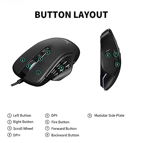 DELUX Wired MMO Gaming Mouse with 4 Interchangeable Side Plates, 12400DPI, 14 Programmable Buttons, RGB Light, 1000Hz Report Rate, Pro Ergonomic Gamer Mouse for PC Computer Laptop (M631-Black)