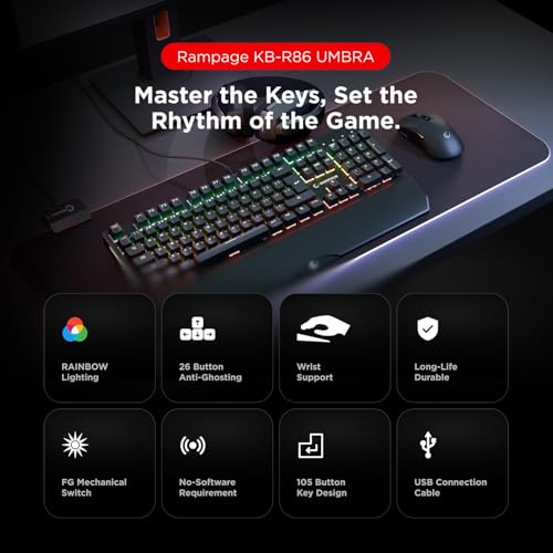 KB-R86 Umbra Mechanical Gaming Keyboard – High-Performance Switches, 26-Key Anti-Ghosting, 12 Multi Media Keys, Wrist Rest, Durable ABS – Compatible with PC, Laptop, Mac (Red Switch) - color: Red Switch, size: 26 Keys