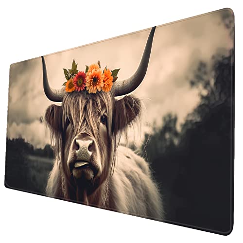 Desk Mat,Highland Cow Gaming Mouse Pad,XXL Extended Mouse Pad Mat for Office,Computer,Keyboard with Non-Slip Base Stitched Eges Mousepad 35''×15.7''×0.12'' - color: Highland Cow