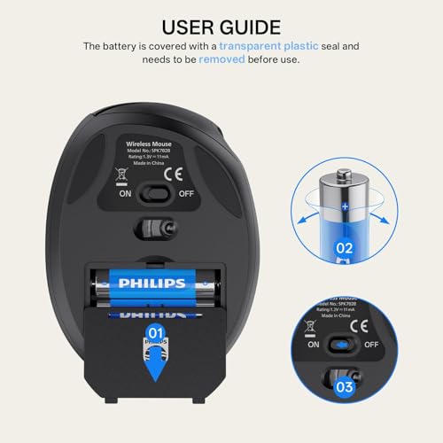 PHILIPS SPK7628 Ergonomic Mouse - Vertical Mouse with 800/1200/1600 Adjustable DPI, 6 Silent Buttons Design for S/M Hands, Auto Power Saving, Light Weight, 2.4GHz Wireless Mouse for Laptop, Desktop,PC - color: Black