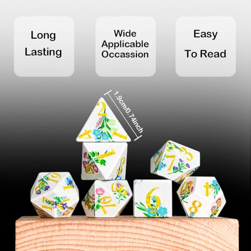 DND Dice Set, 7PCS UV Printed Sharp Edge Acrylic Dice with Metal Box, Lightweight Durable Design for Dungeons & Dragons, Floral Fantasy Theme