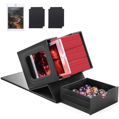 Patented MTG Commander DekBox, 100+ Double Sleeved Card Storage Box with Dice Tray, 35pt Card Holder & 2 Dividers - Magnetic Deck Case for TCG/CCG/Magic/Sports Cards, Black - color: Black
