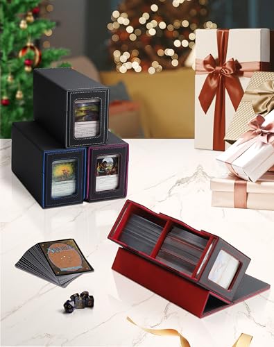 MRAUF MTG Deck Box with Double Commander Display and Dice Tray, Fits 200+ Double Sleeved Cards, Card Storage Box Plus 2 Magnetic Holders& 100Pcs Card Sleeves (Black& Purple) - color: Black& Purple