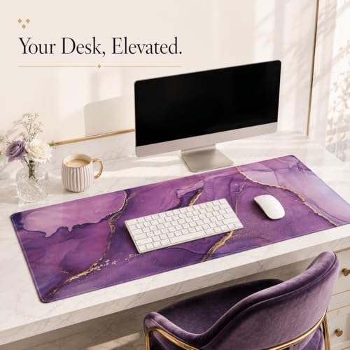 Purple Marble Desk Mat 35.4x15.7 Inch, Large Extended Mouse Pad with Gold Fluid Art Design, Non-Slip Water-Resistant Desk Pad for Women, Home Office & Aesthetic Setup - color: Purple Marble